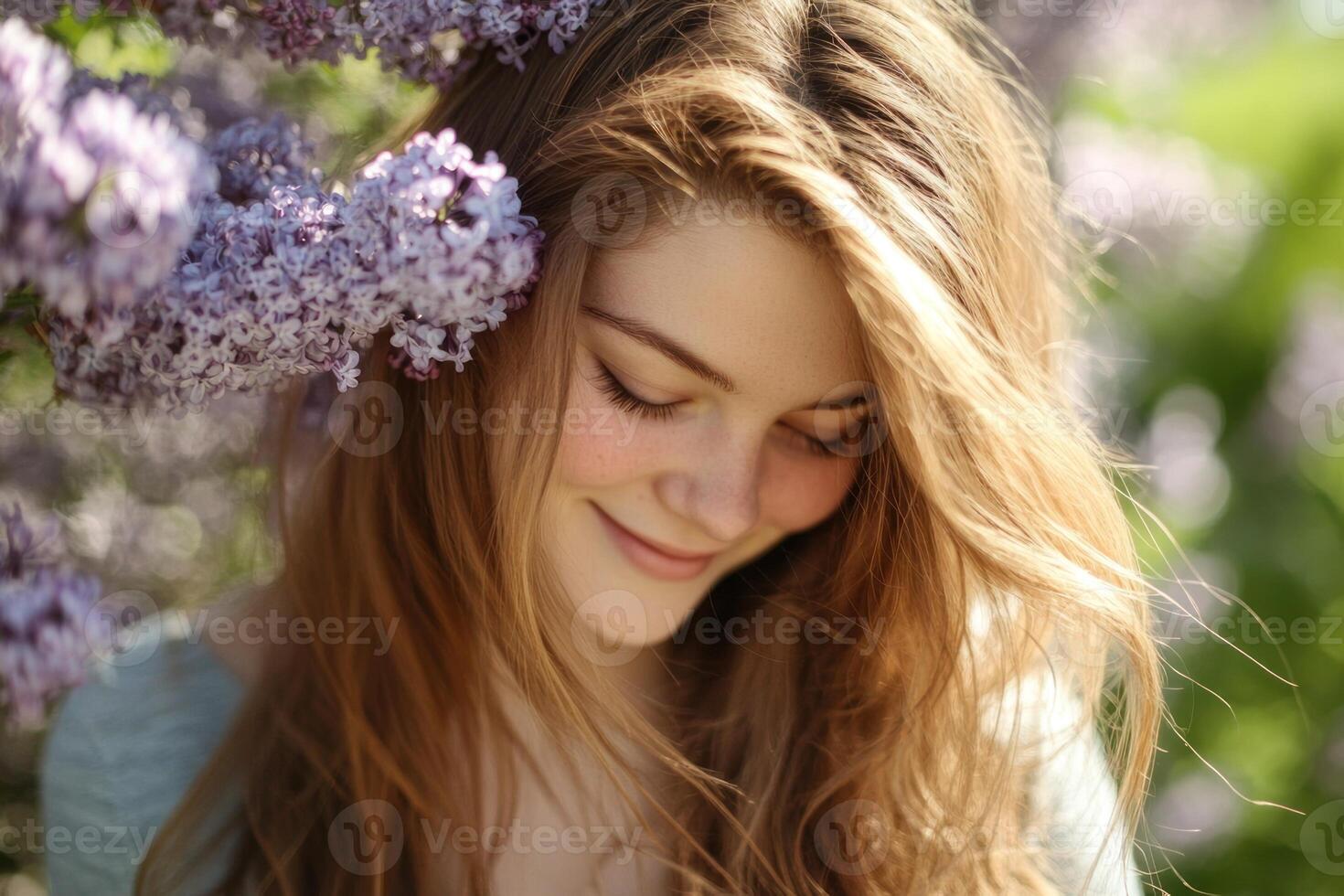 A young woman is smiling while standing in front of a bunch of purple flowers photo