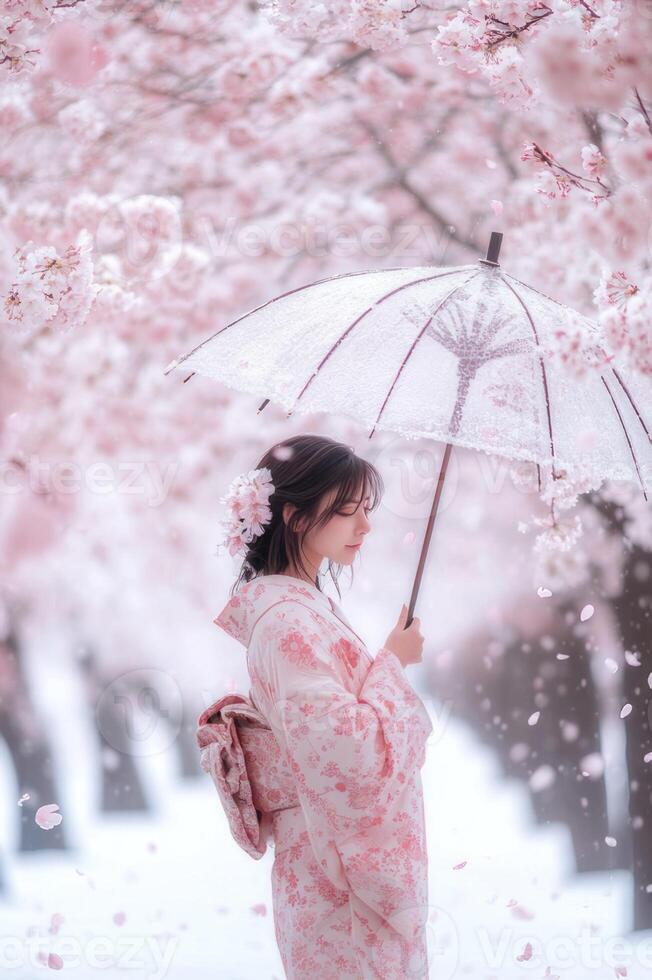 A woman in a kimono is holding an umbrella in the snow photo