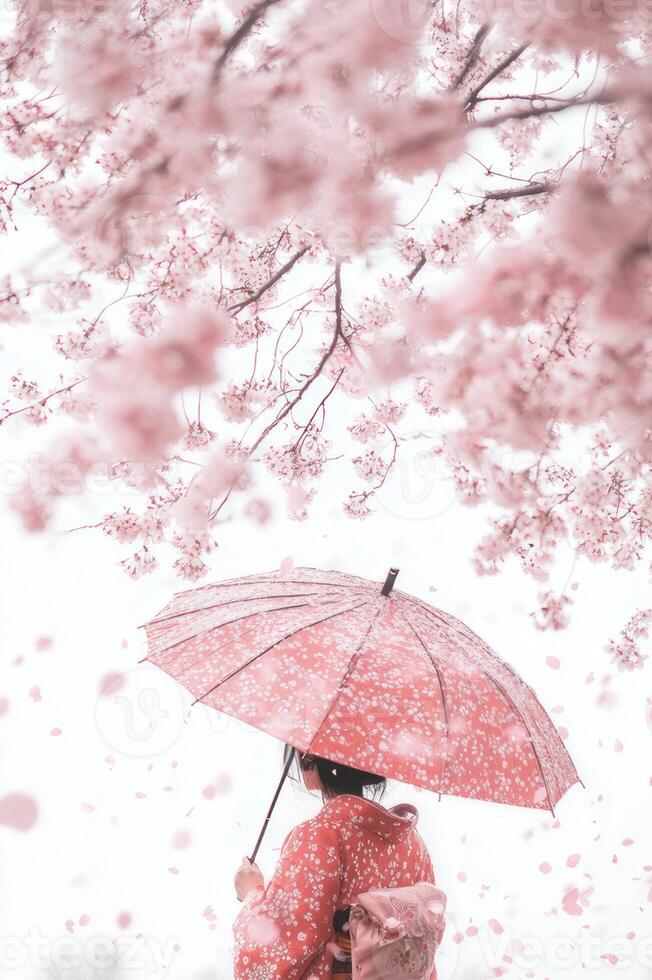 A woman in a kimono is holding an umbrella under a tree photo