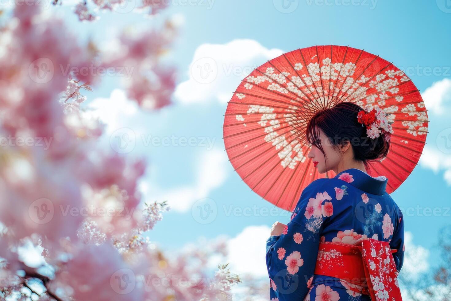 A woman in traditional japanese clothing holding an umbrella photo