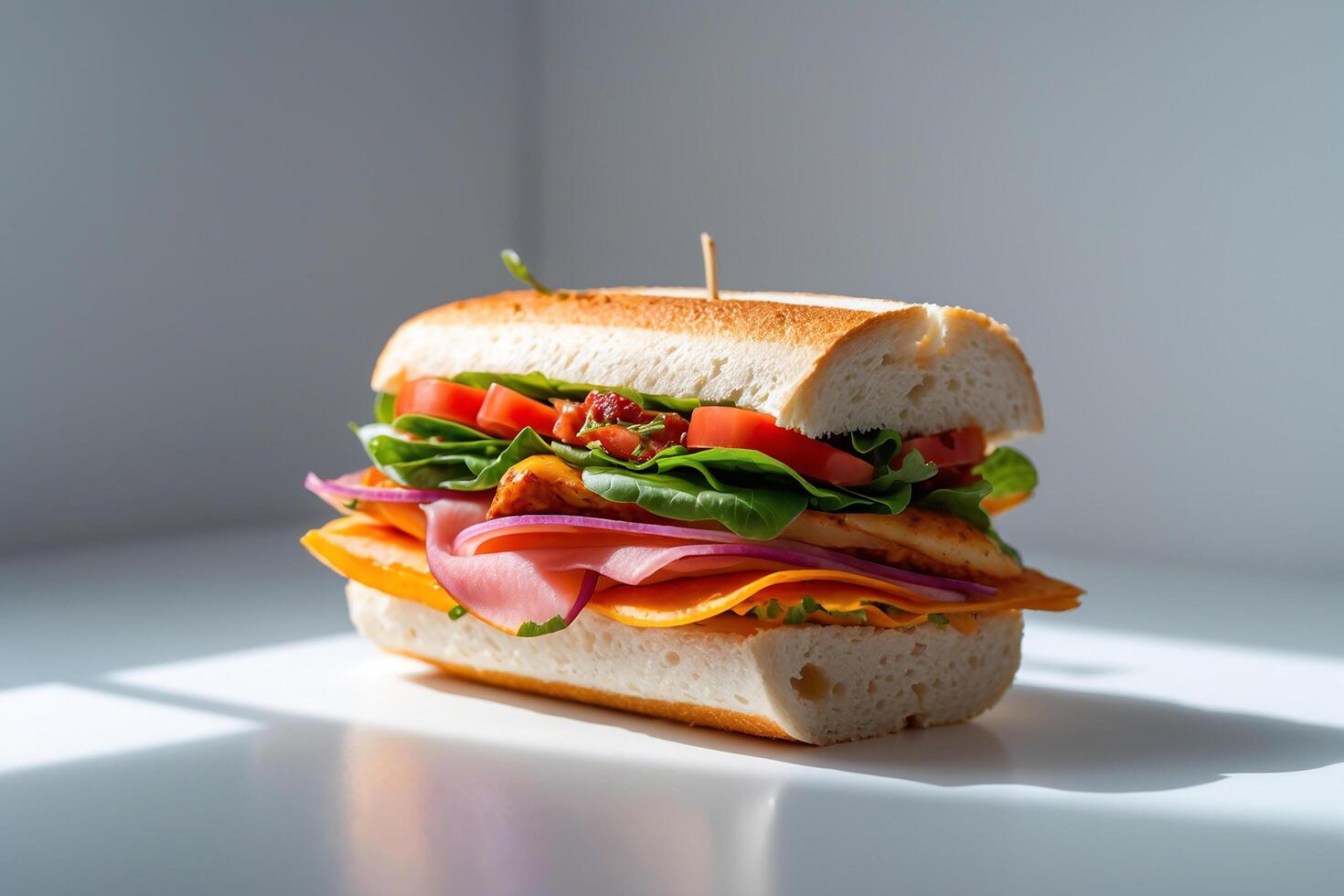 A sandwich with meat, cheese, and vegetables on a white table photo