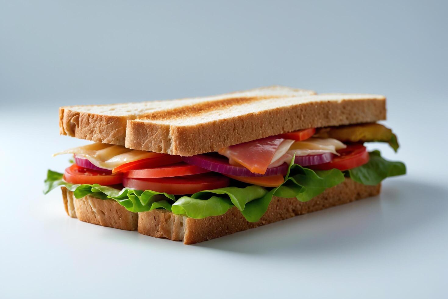 A sandwich with meat, cheese and vegetables photo
