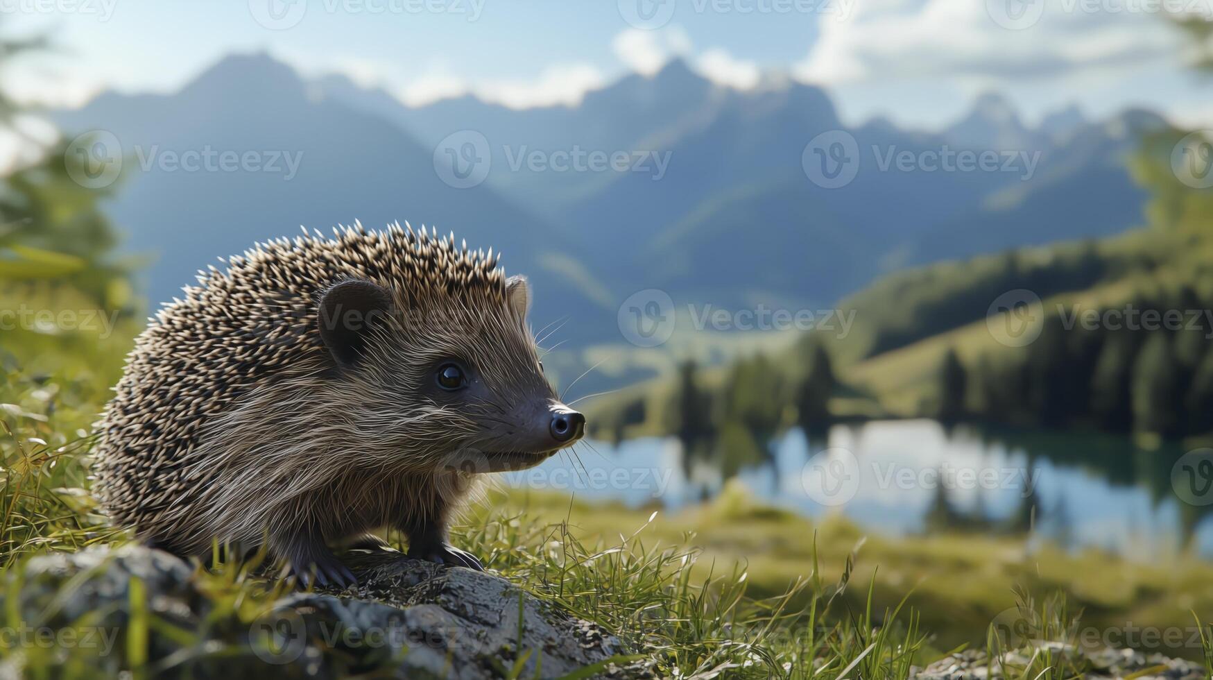 Hedgehog in nature with mountain and lake background, copy space photo