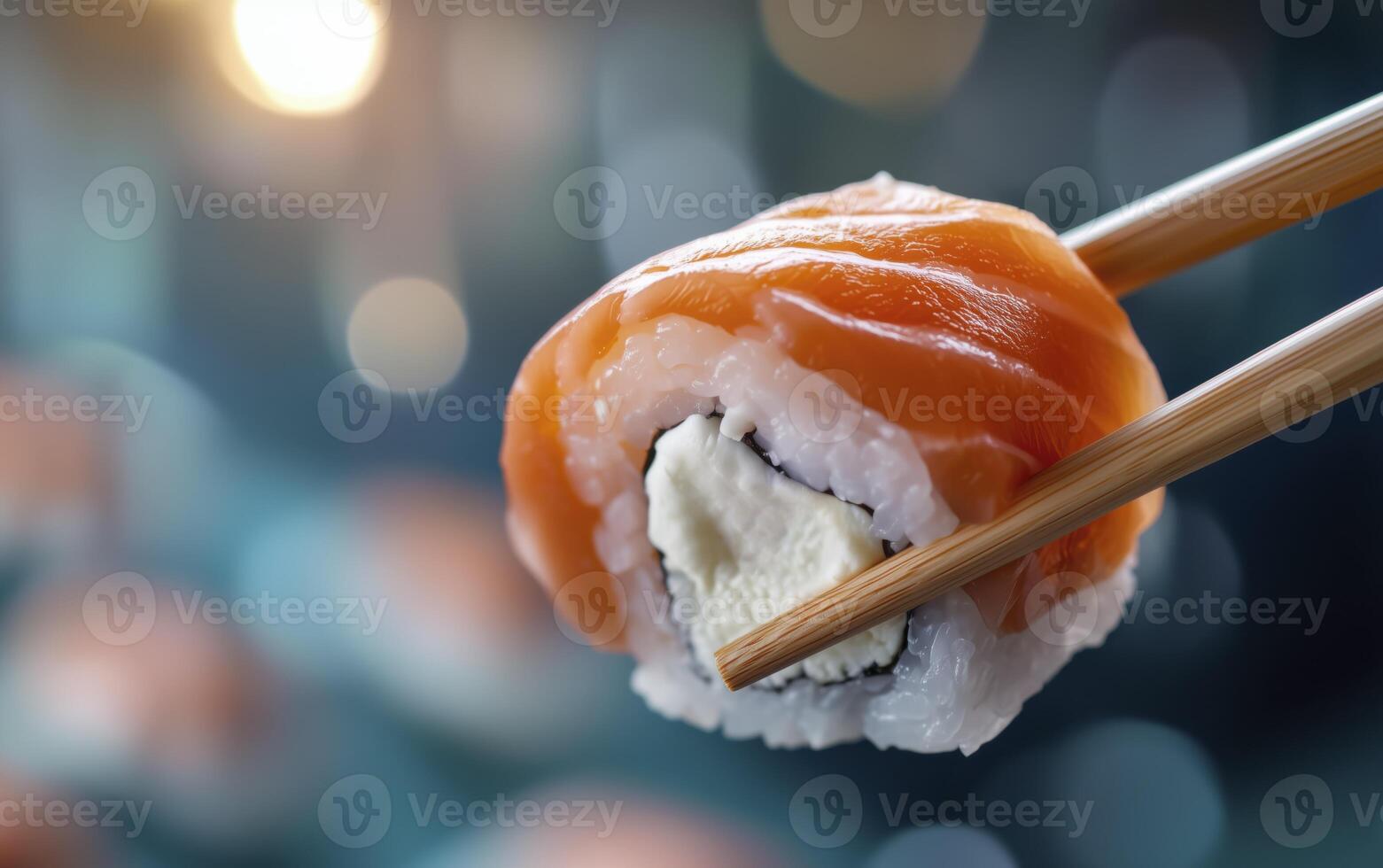 Philadelphia sushi roll held by chopsticks, copy space photo