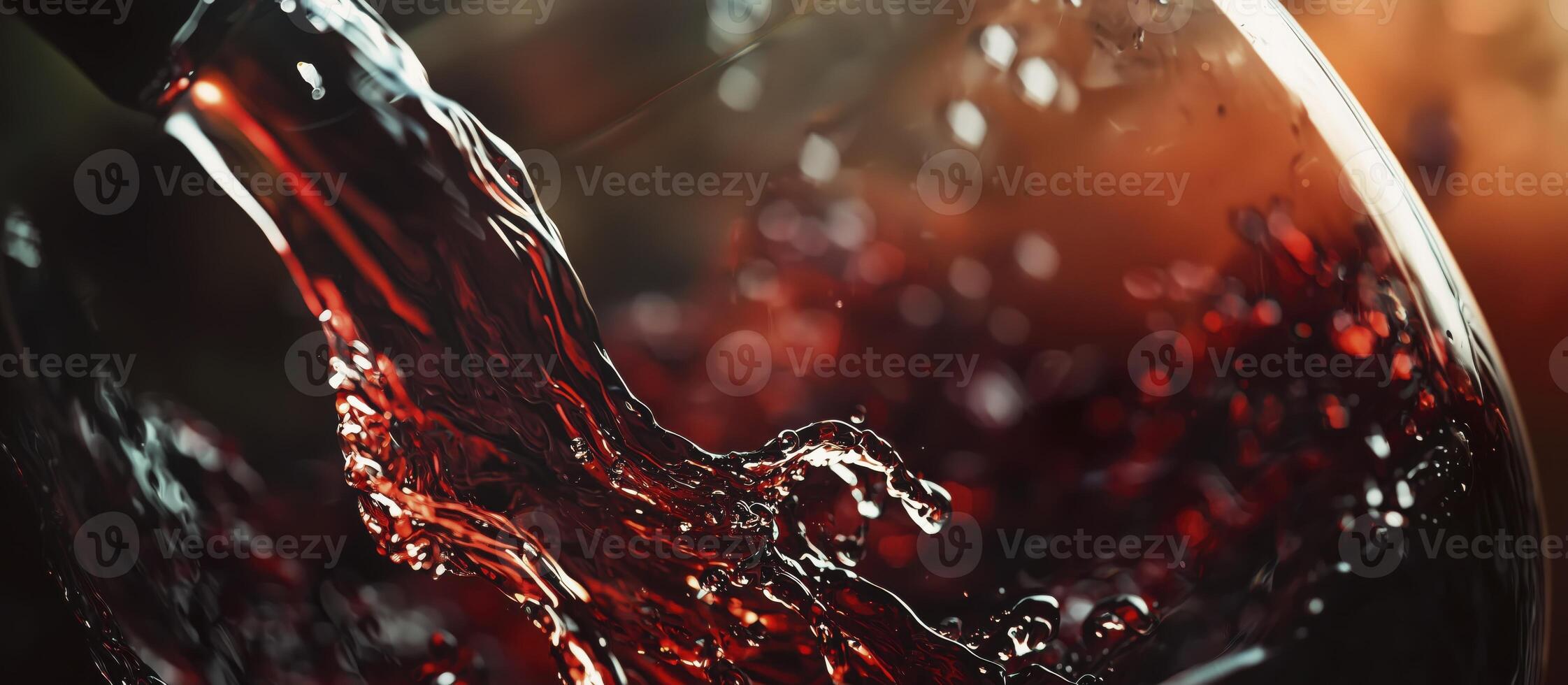 Red wine pouring into glass with splash in macro close-up photo