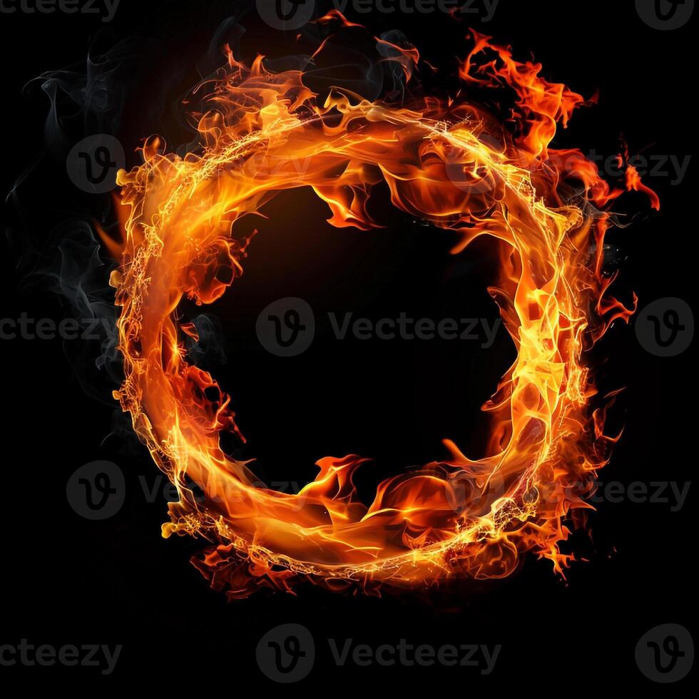 Fiery ring composed entirely of flames against a black background. The flames form a perfect circular shape, with bright orange, yellow, and red hues that flicker and twist. photo