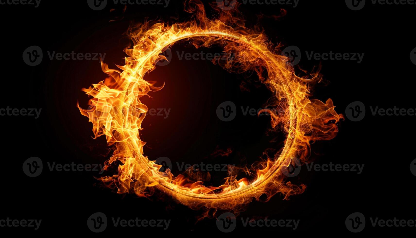 Fiery ring composed entirely of flames against black background. The flames form a perfect circular shape, with bright orange, yellow, and red hues that flicker and twist. photo
