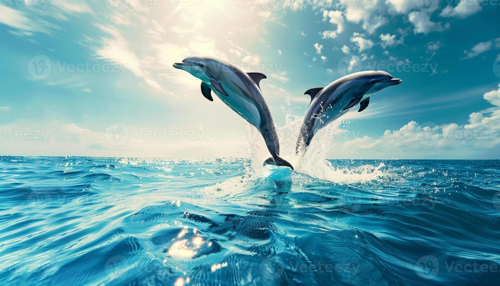 Two dolphins leaping out of the ocean. Set against a beautiful blue sky with fluffy clouds and sunlight streaming through. photo