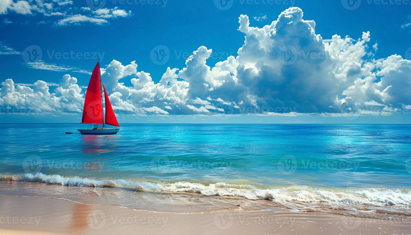 Vibrant Sailboat with a Red Sail Gliding Across the Calm Blue Ocean. A Serene Scene of Freedom and Adventure Under Majestic Clouds. photo