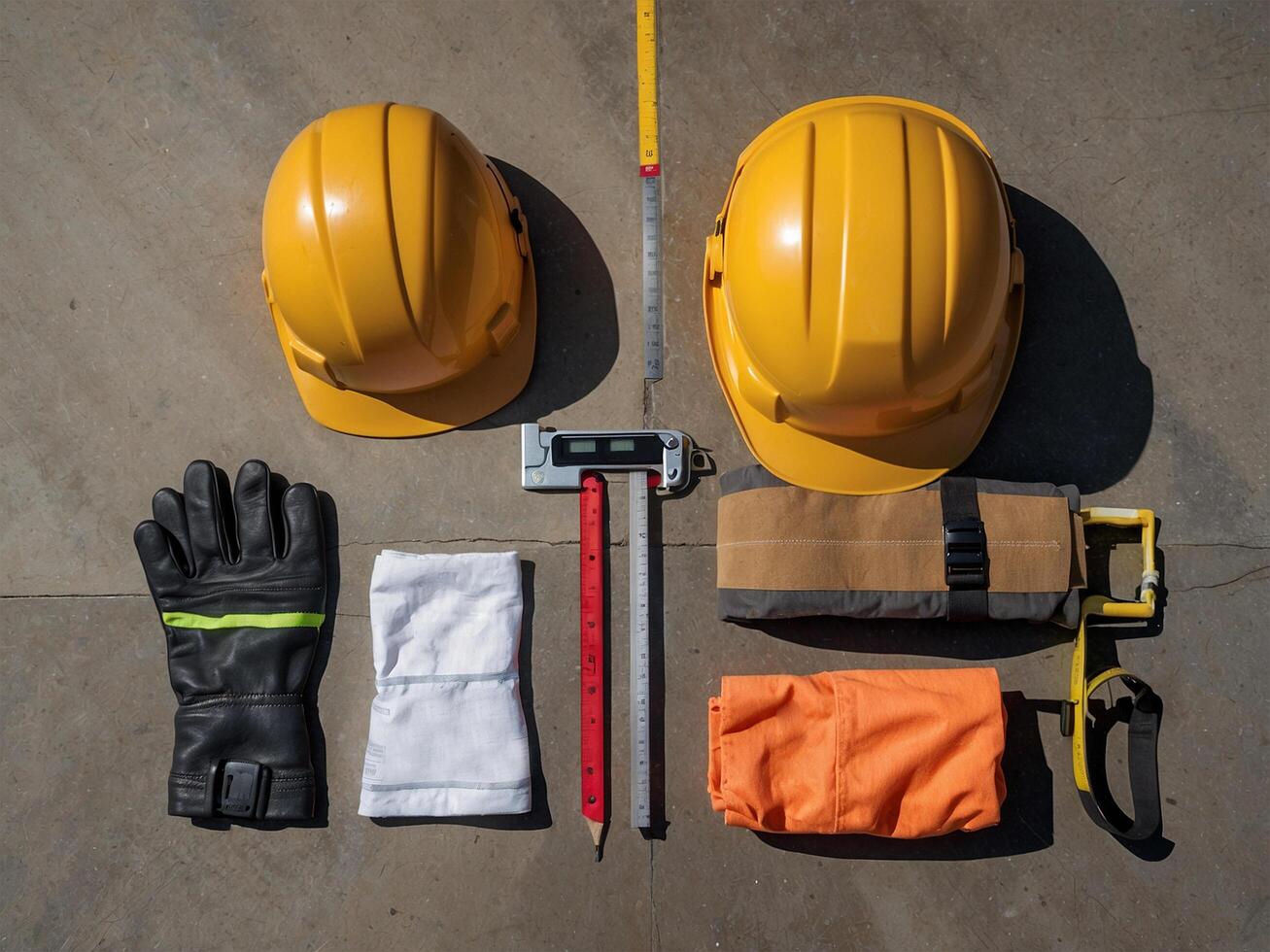 Top down view of a construction workers hard hat, gloves, and measuring tape arranged on a rugged concrete surface, Labor Day, Labor Day Celebration, construction helmet and gloves photo