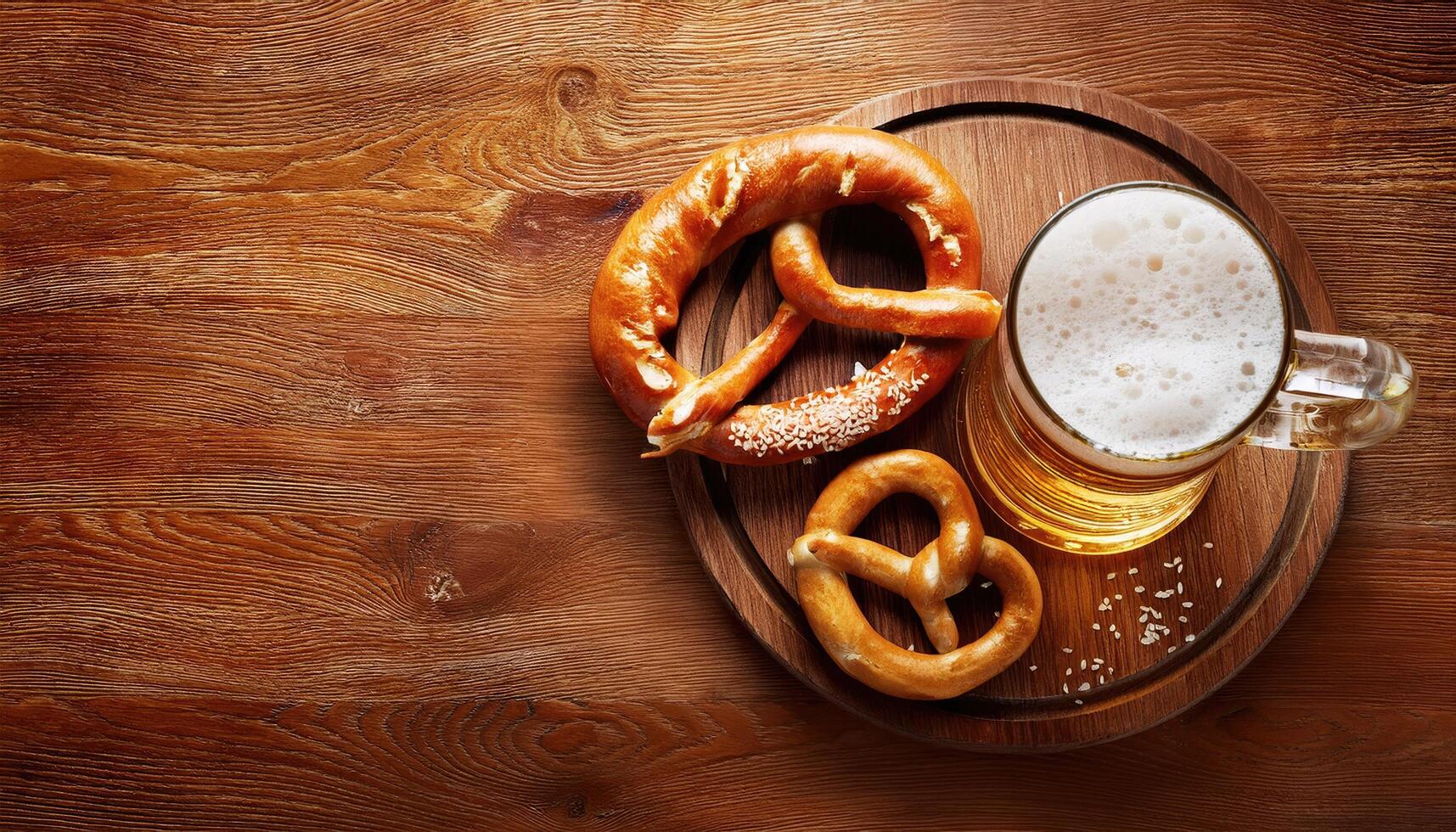 Beer and Pretzels pint of beer with a pretzel on the side isolated on the wood table top view photo