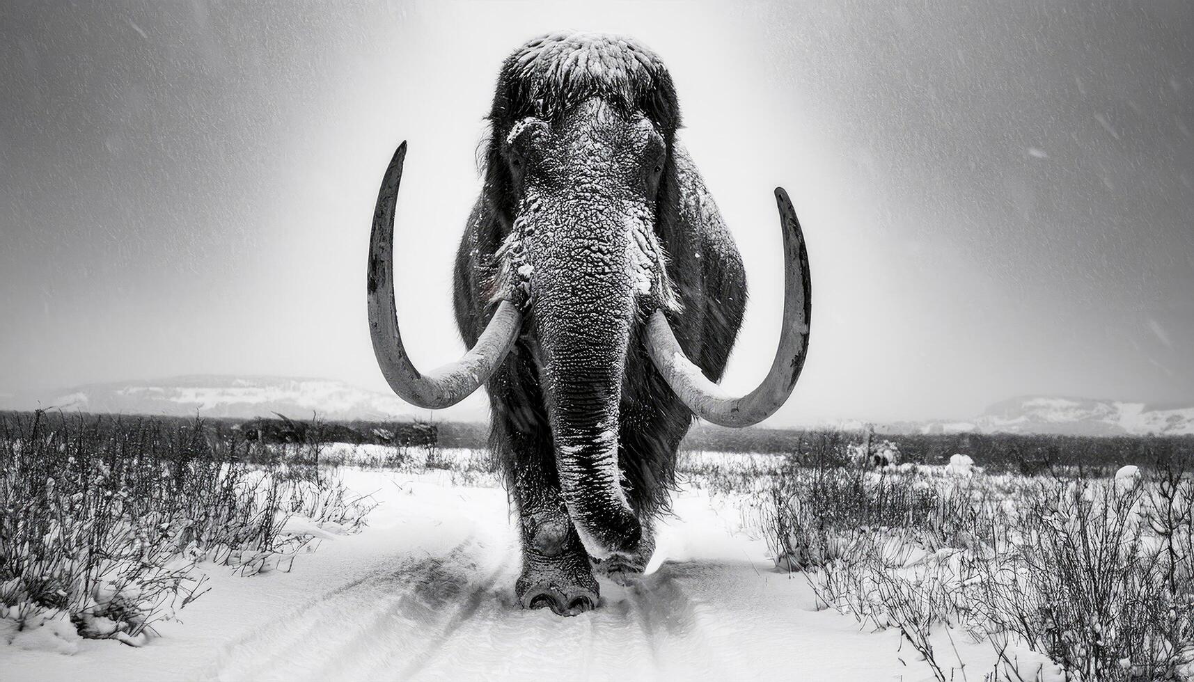 Mammoth ice ages runs towards me The shaggy fur is covered with ice and snow The background is not visible due to heavy snowfall photo
