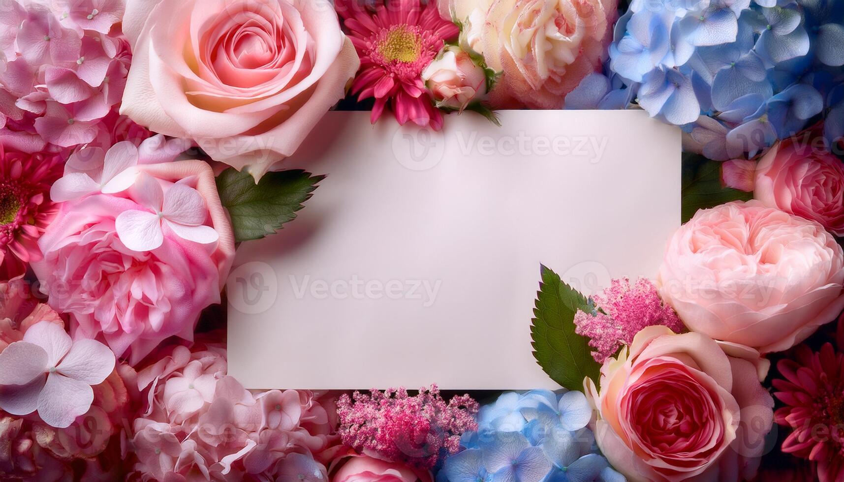 Blank greeting card with Beautiful bouquet of roses peonies and hydrangeas photo
