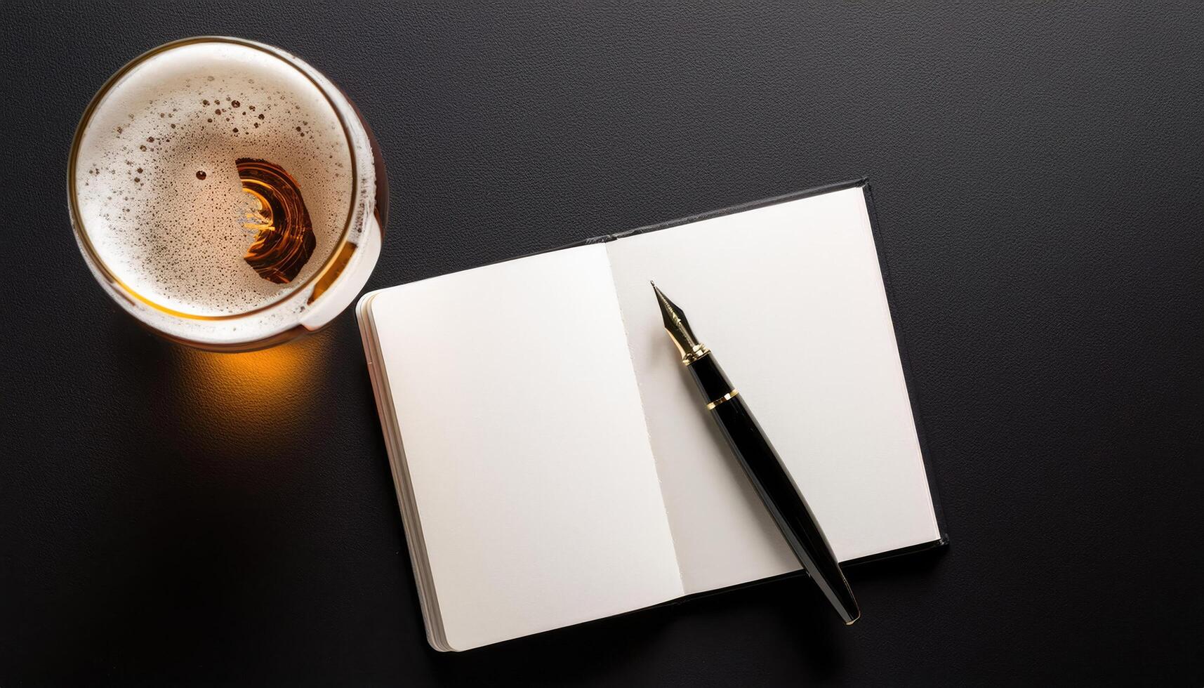 Beer Tasting Notes and fountain pen putting on a beer-tasting empty notebook top view photo