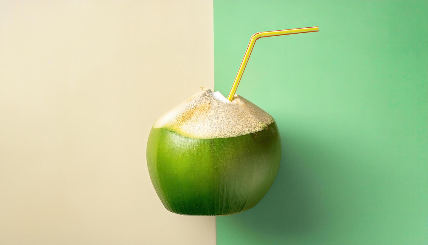 Summer juicy green coconut with a vibrant straw tropical vibes refreshing isolate on pastel color background photo