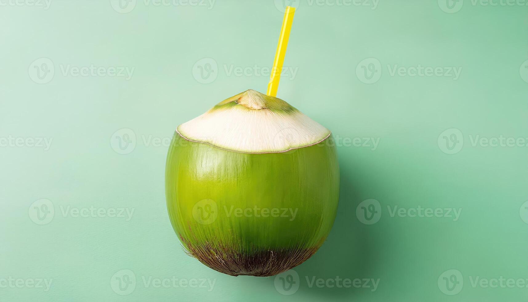 Juicy green coconut with a yellow straw fresh from the tree tropical vibes summer isolated on the green background photo