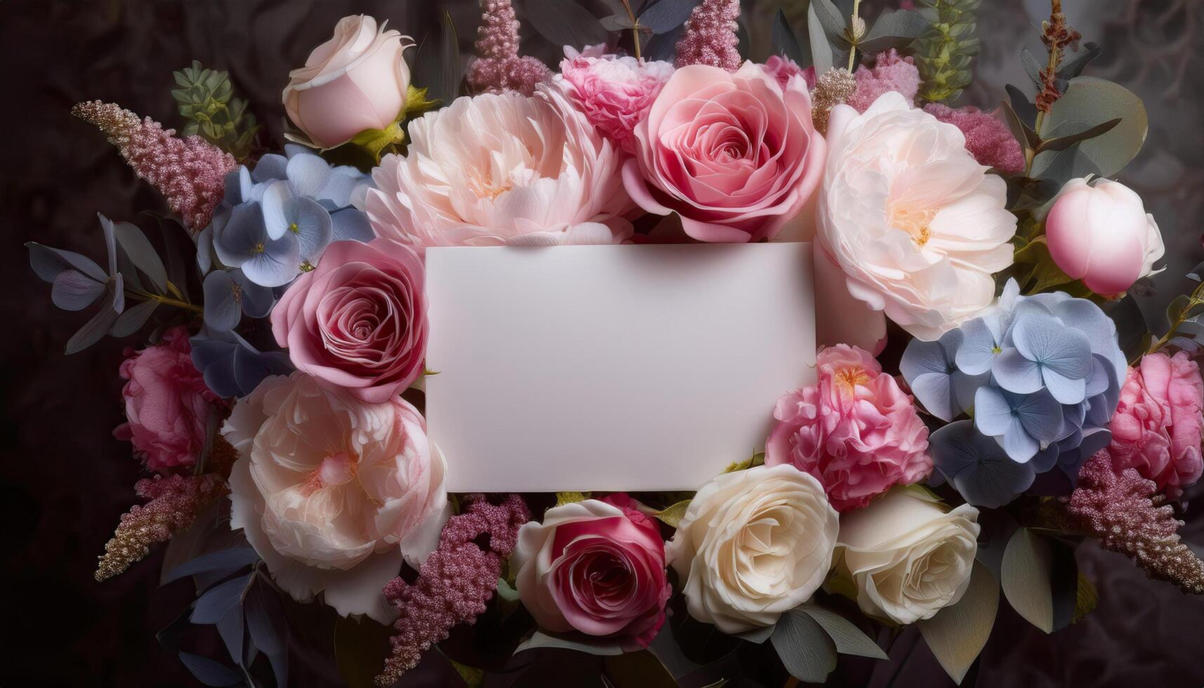 Beautiful bouquet of roses peonies and hydrangeas with a blank greeting card in the center photo