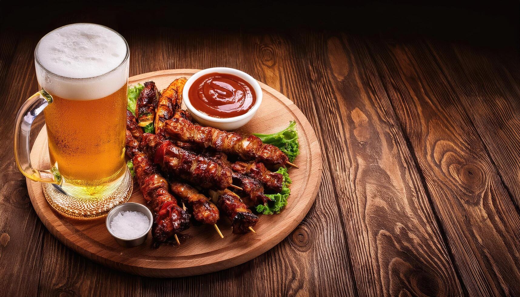 Beer and BBQ A glass of beer with a plate of barbecue isolated on the wood table top view photo