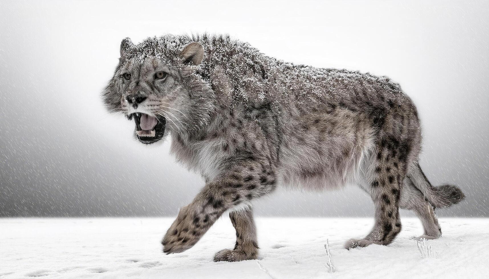 Ice ages Saber-toothed runs towards me The shaggy fur is covered with ice and snow The background is not visible due to heavy snowfall photo