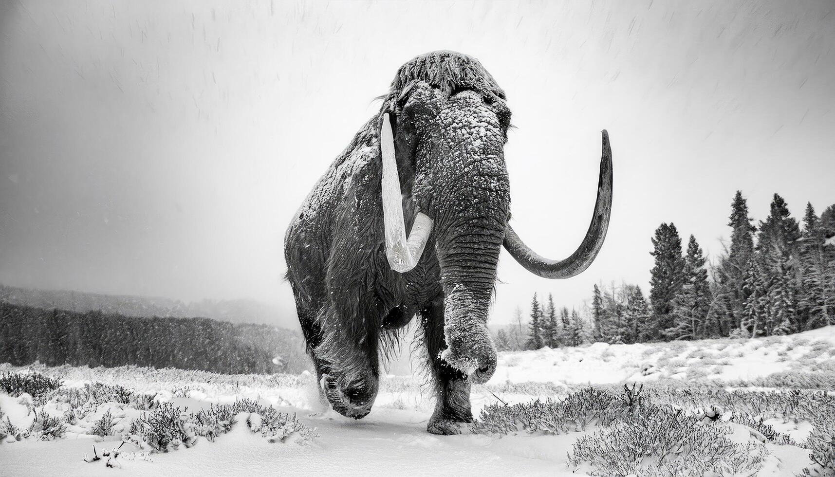 Ice ages Mammoth runs towards me The shaggy fur is covered with ice and snow The background is not visible due to heavy snowfall photo
