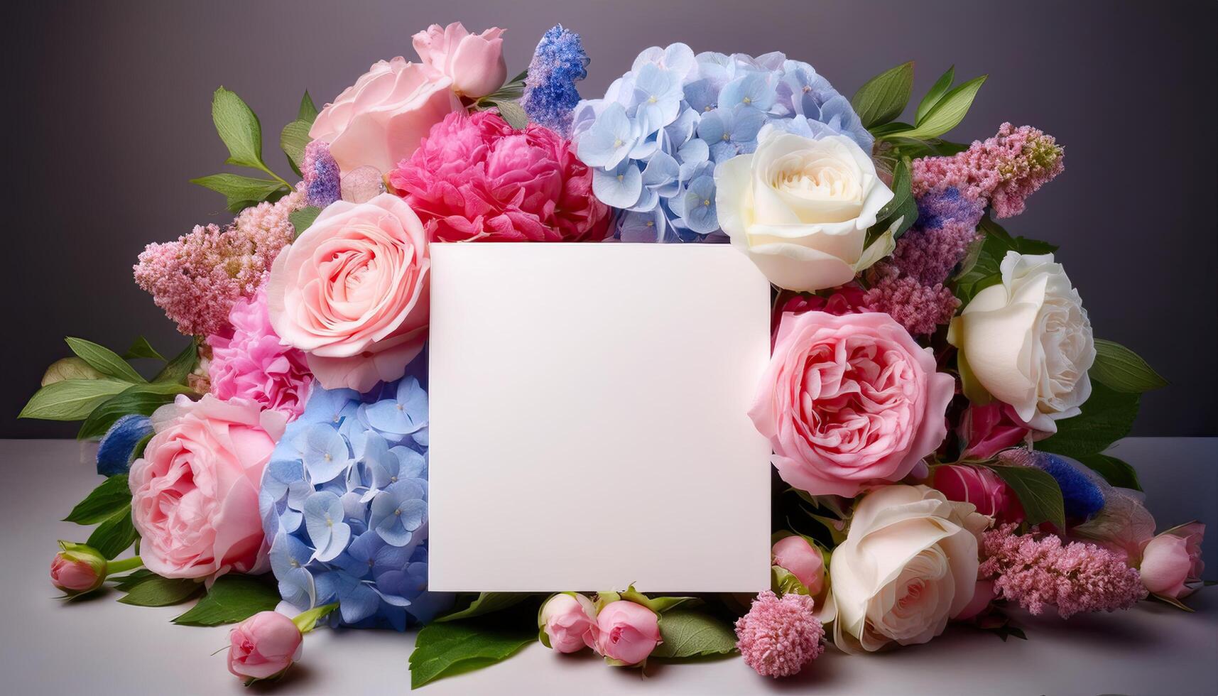 Blank Square greeting card with beautiful bouquet of roses peonies and hydrangeas photo