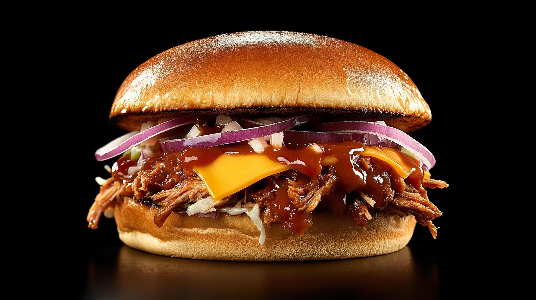 A bbq pulled pork sandwich with cheese and onions photo