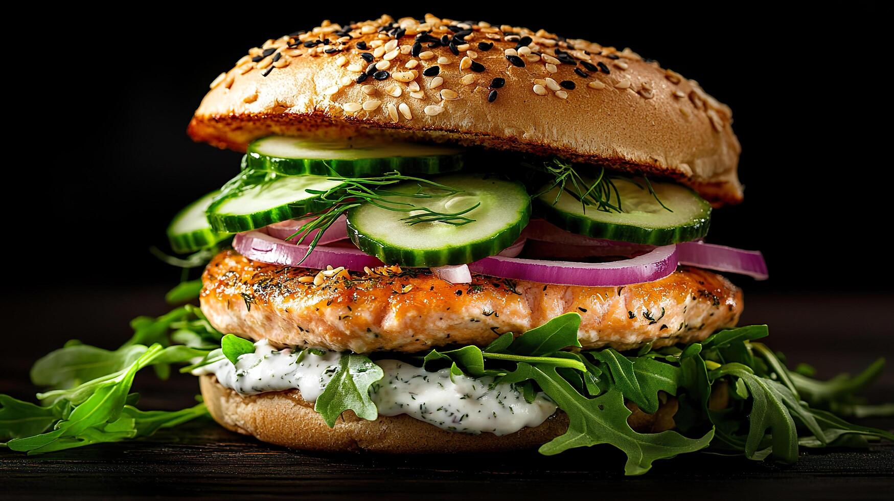 A burger with cucumbers and onions photo