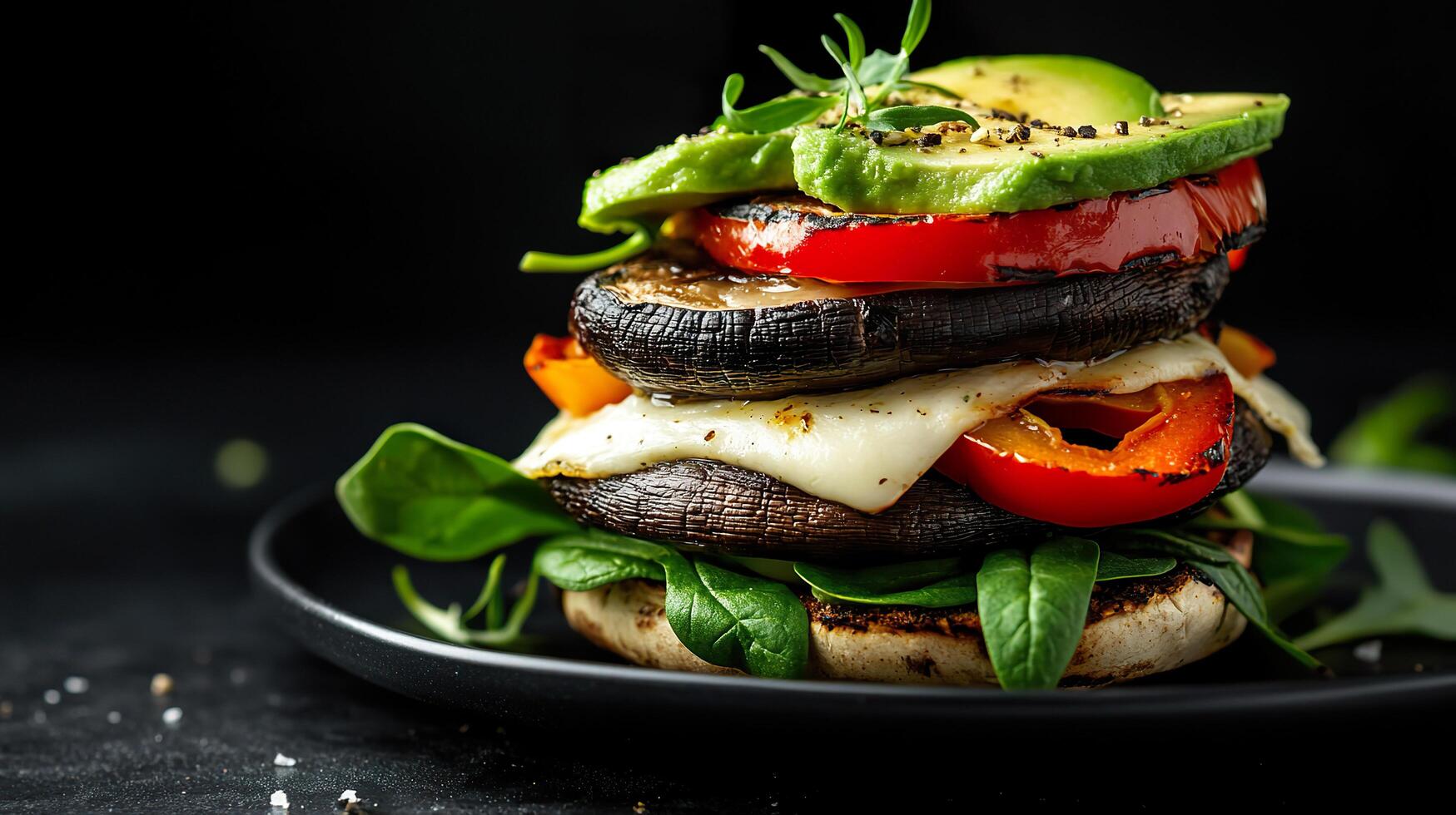 A stack of vegetables and meat on a plate photo