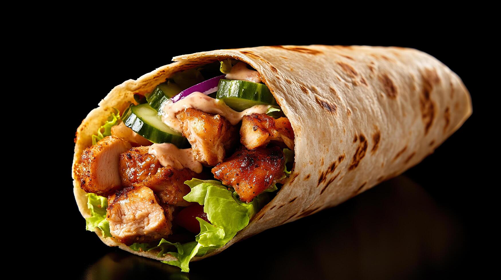 A chicken wrap with lettuce and vegetables on a black background photo
