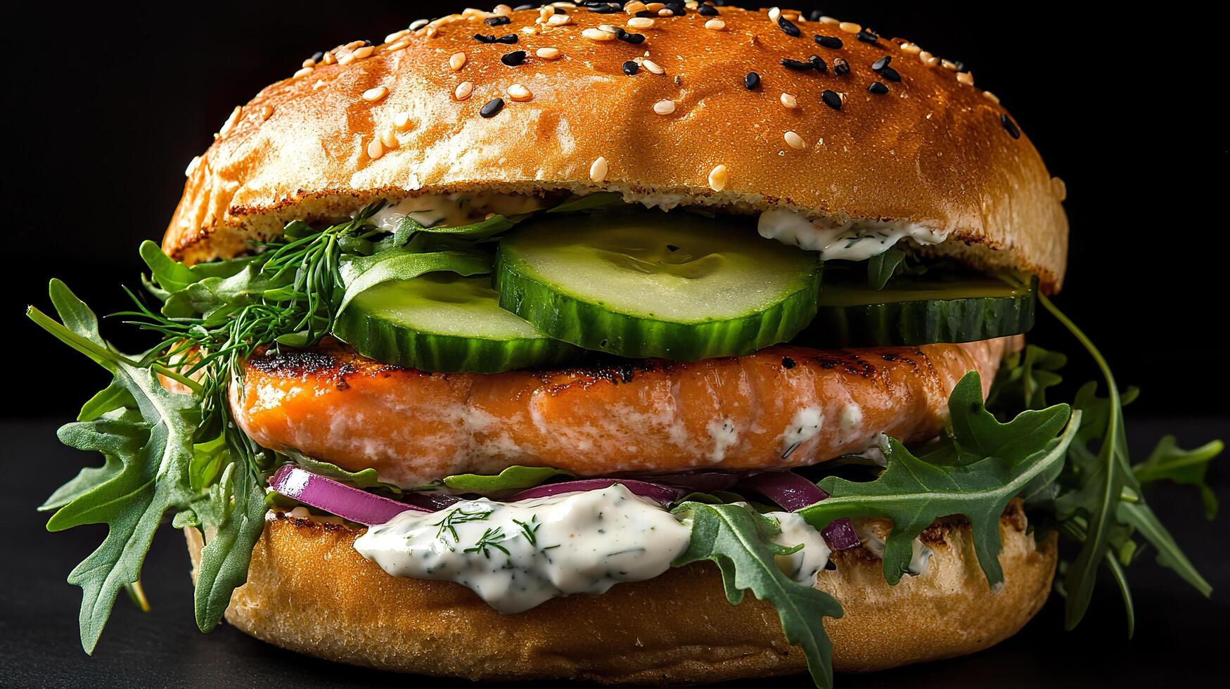 A close up of a burger with salmon, cucumbers and onions photo