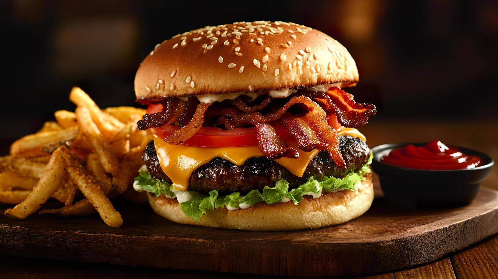 A hamburger with bacon and cheese on it photo