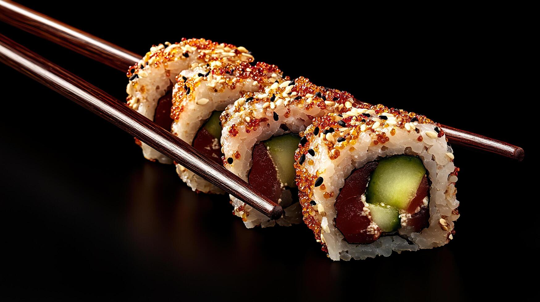 Sushi with cucumber and avocado on black background photo