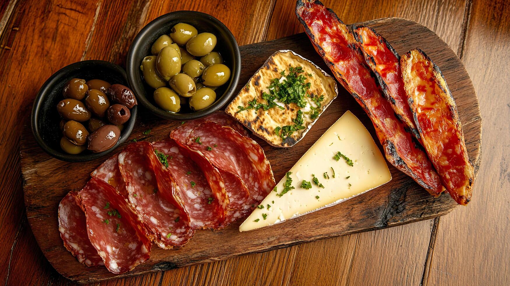 A wooden cutting board with meat, olives, cheese and bread photo