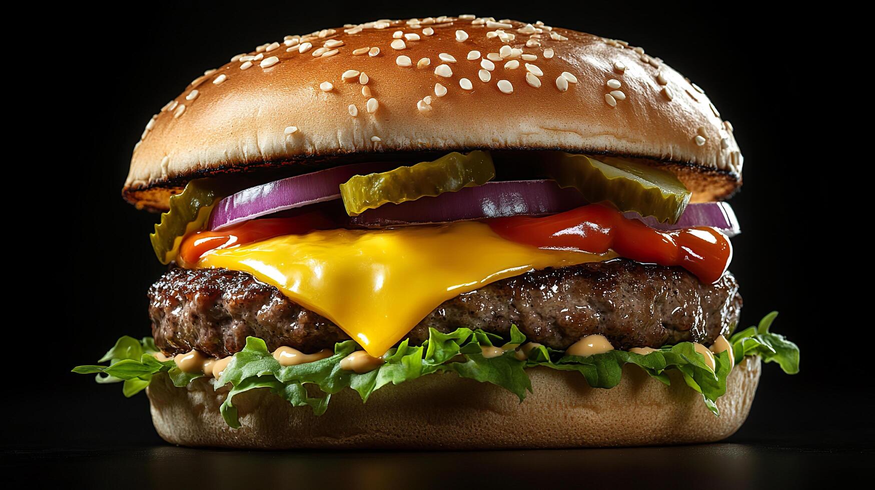 A hamburger with cheese, pickles, and onions photo