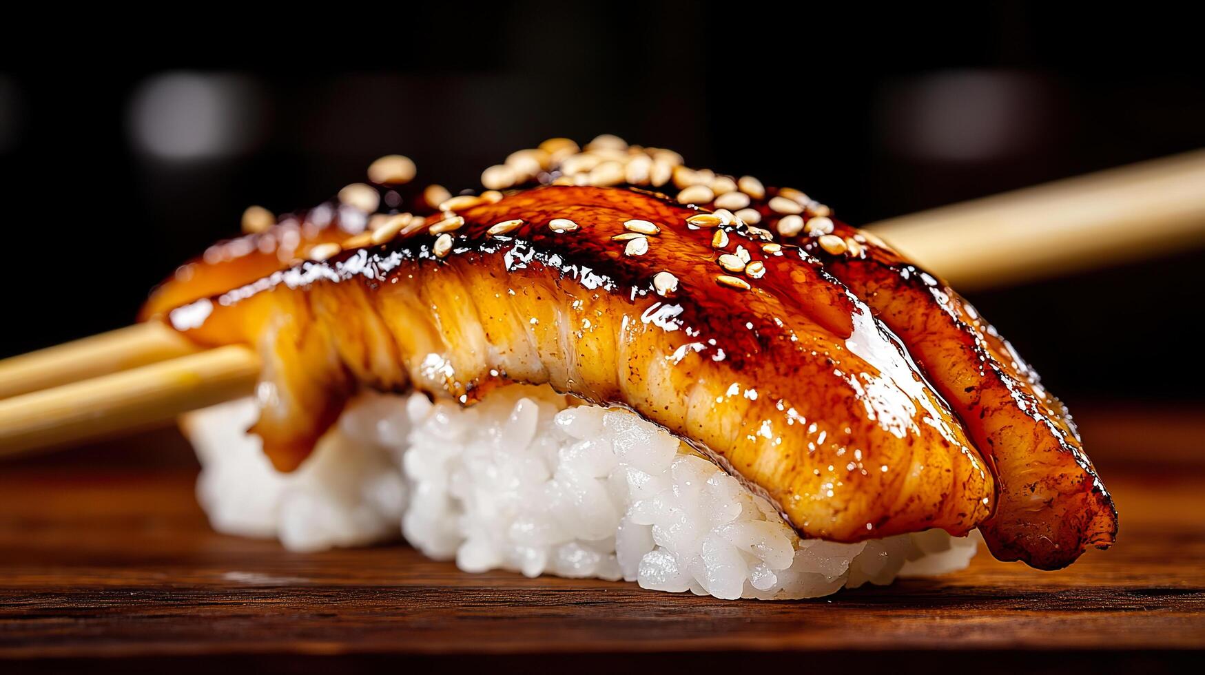 A sushi roll with chopsticks on top photo