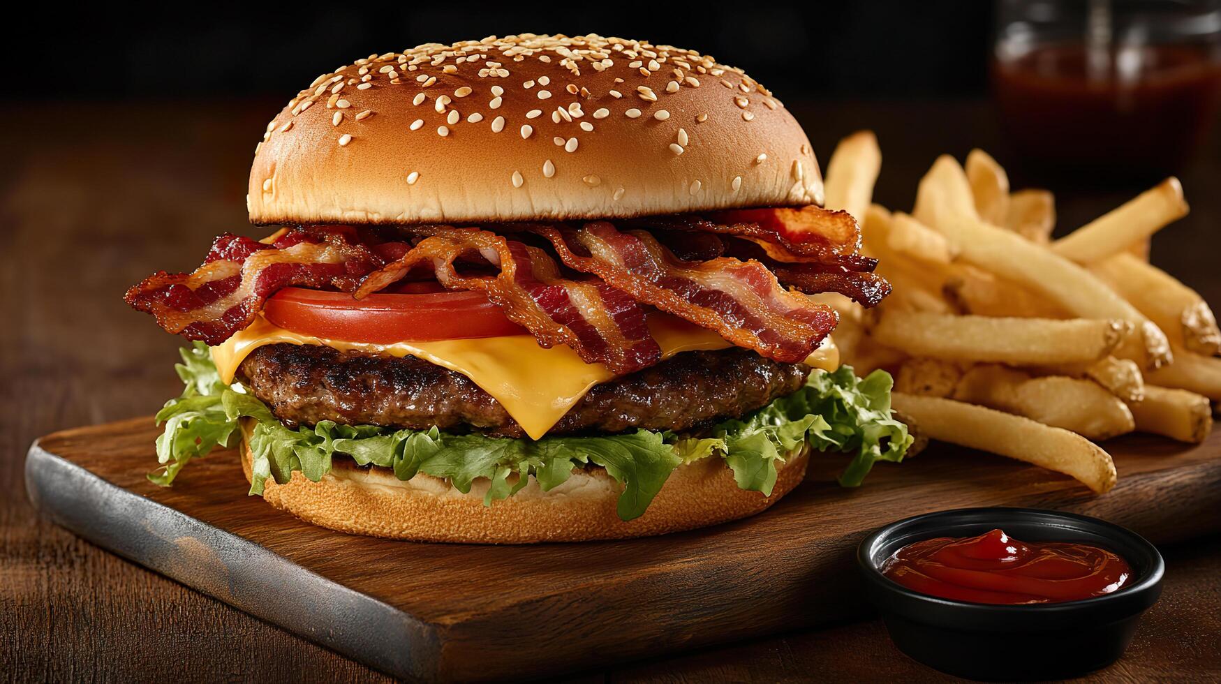 A hamburger with bacon and cheese on a wooden cutting board photo