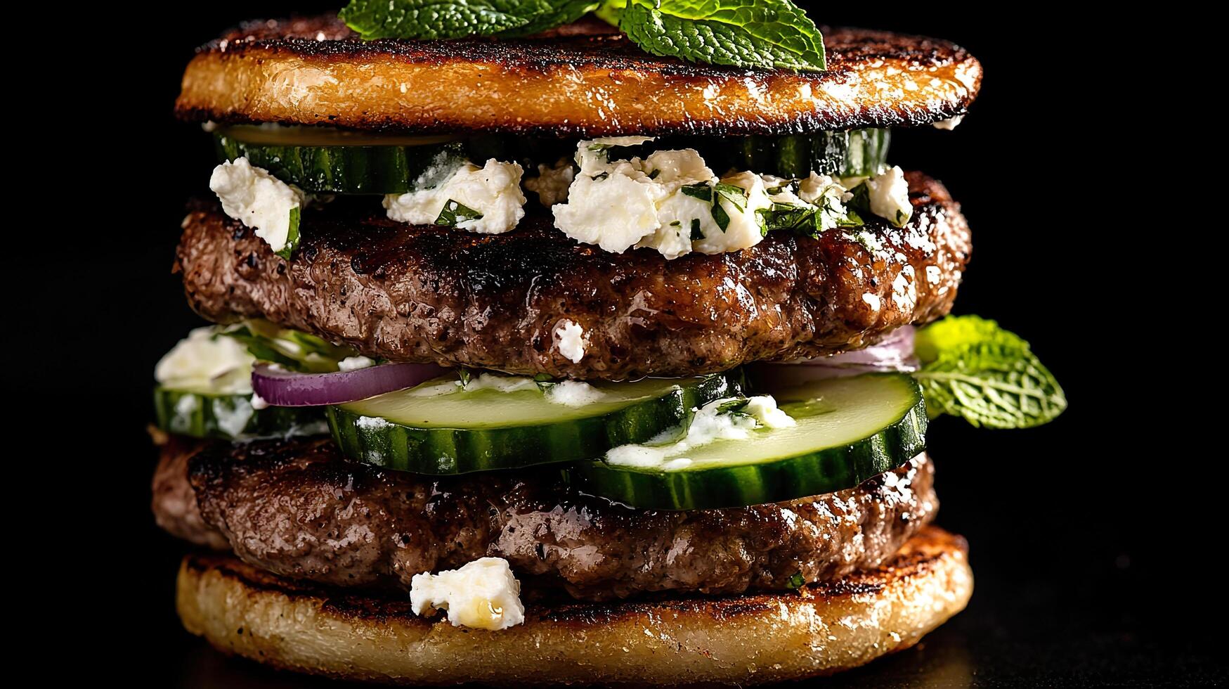 A stack of hamburgers with cucumbers and cheese photo