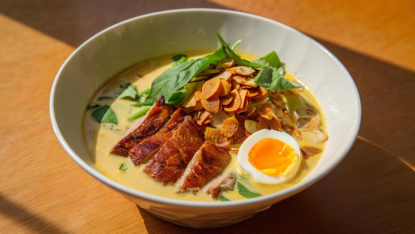 Golden Ramen Noodle Soup with Crispy Duck Served in Warm Sunlight photo