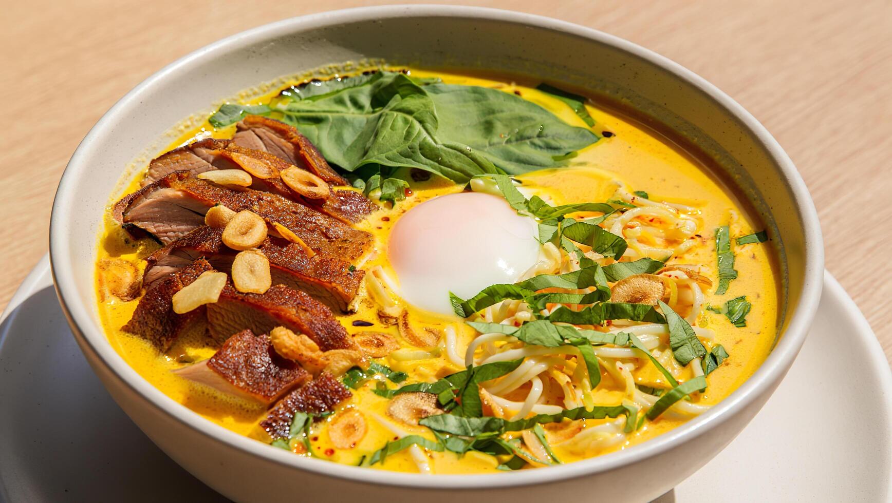 Creamy Yellow Ramen Soup with Duck and Soft-Boiled Egg in Sunlight photo