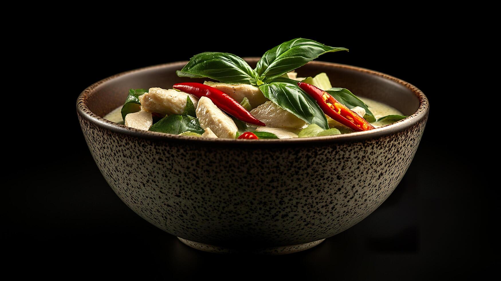 Spicy green curry with chicken and basil in speckled ceramic bowl on black background photo