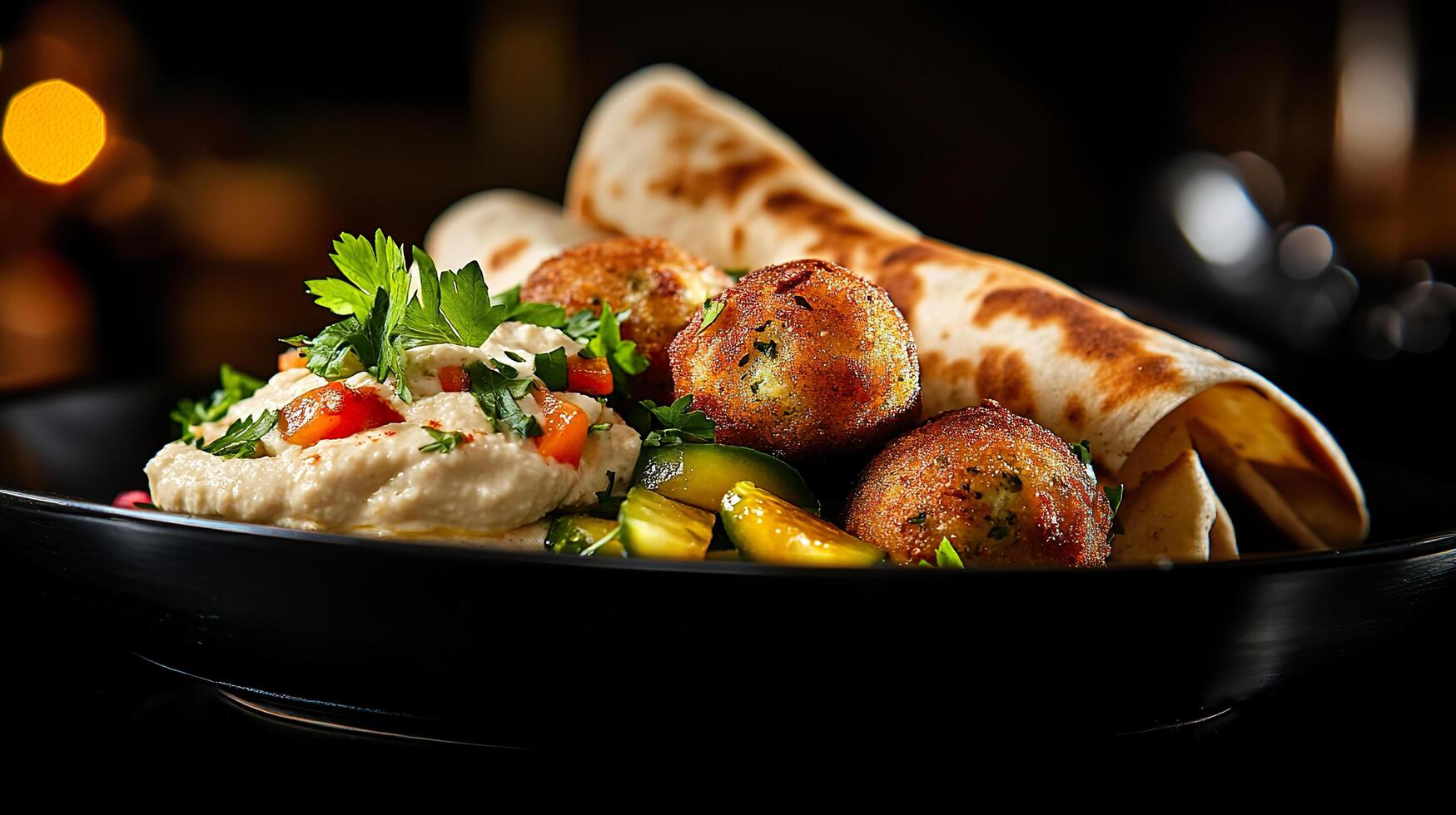 Crispy falafel with creamy hummus and grilled flatbread on moody restaurant background photo