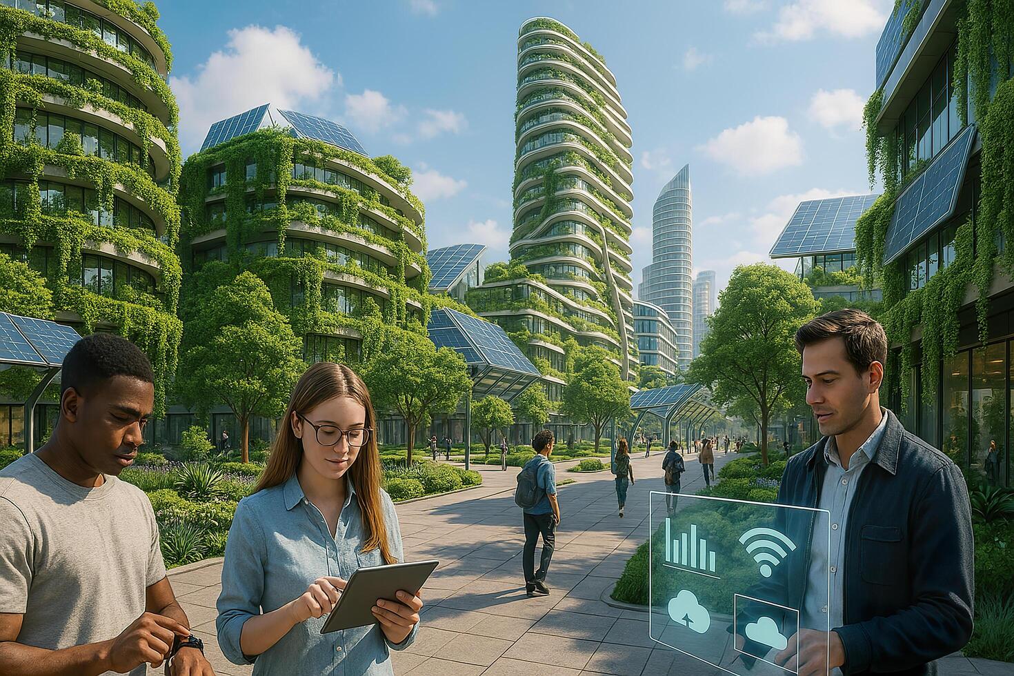 Three people are standing in front of a city with buildings and trees photo