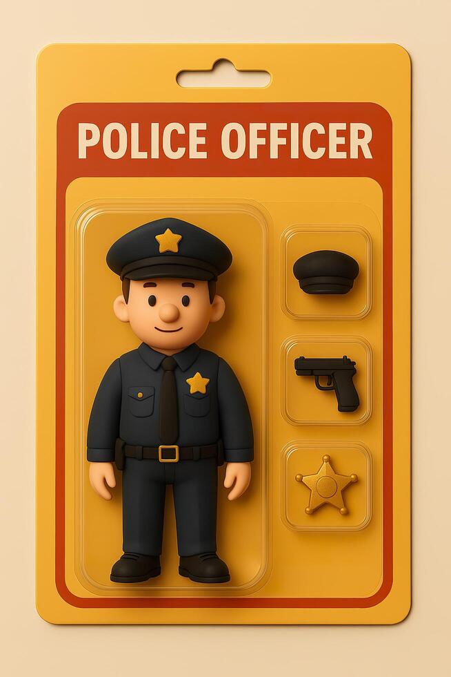 Police officer figurine in packaging on beige background photo