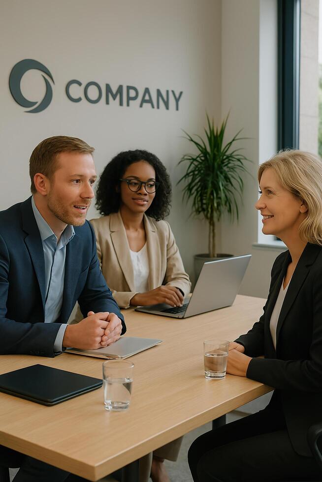 Three business people sitting at a table in front of a laptop photo