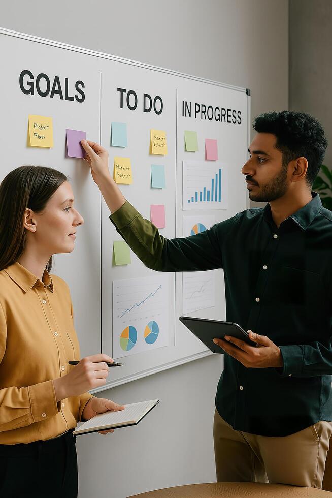 A man and woman standing in front of a white board with goals to do in progress photo