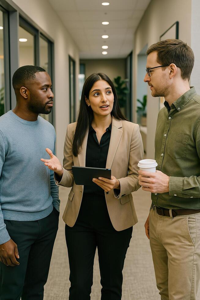 Three business people talking in an office hallway photo