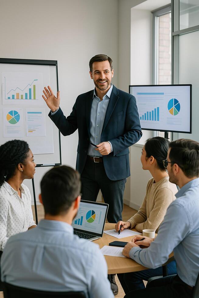 A man in a suit is giving a presentation to his colleagues photo