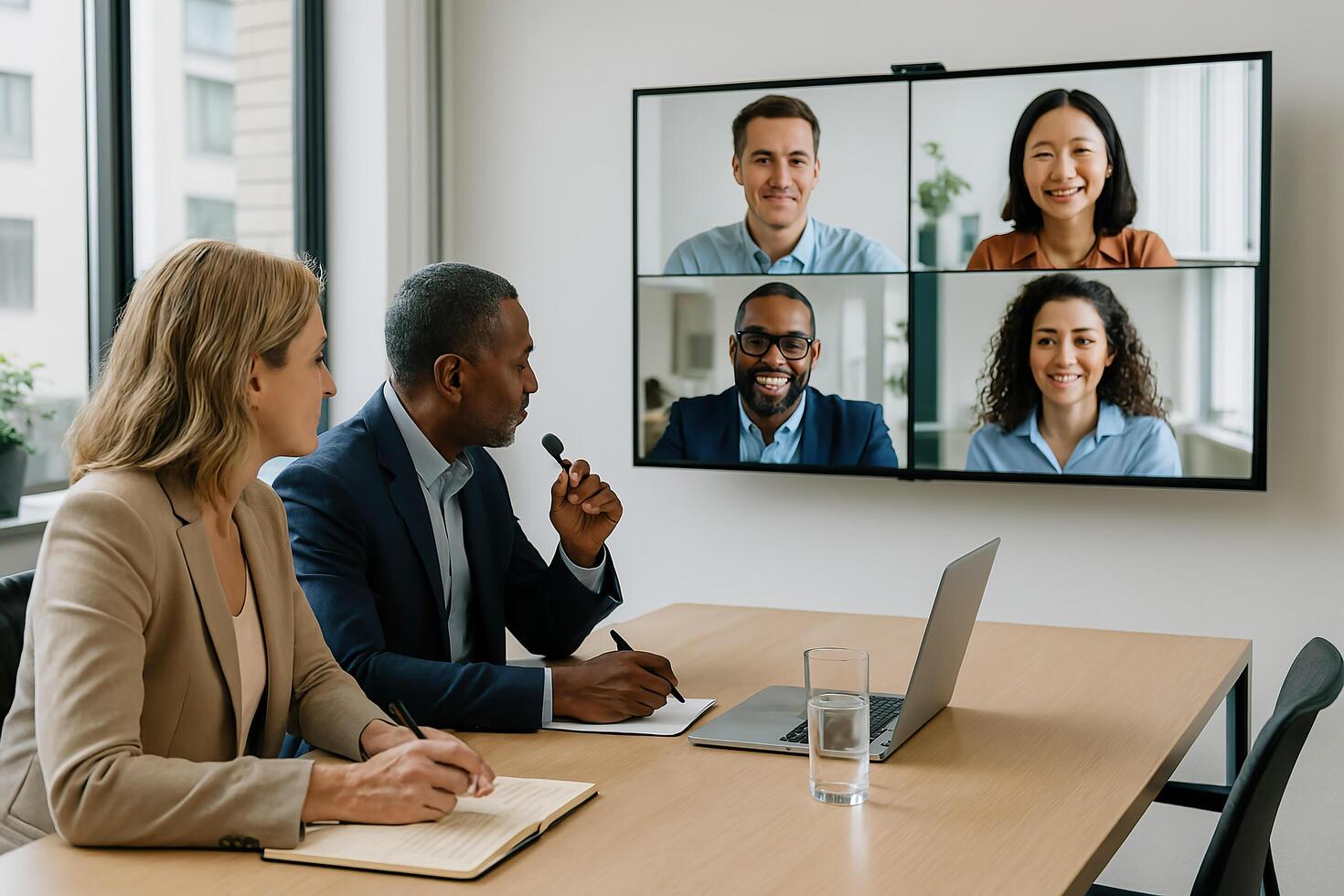 A group of people in a meeting room with a laptop and a camera photo