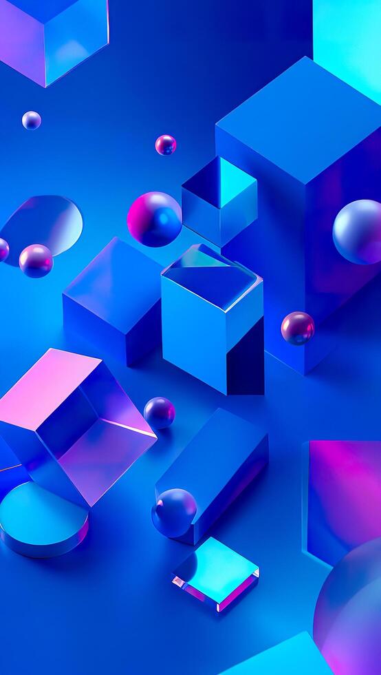 3d rendering of a blue and purple background with cubes and bubbles photo