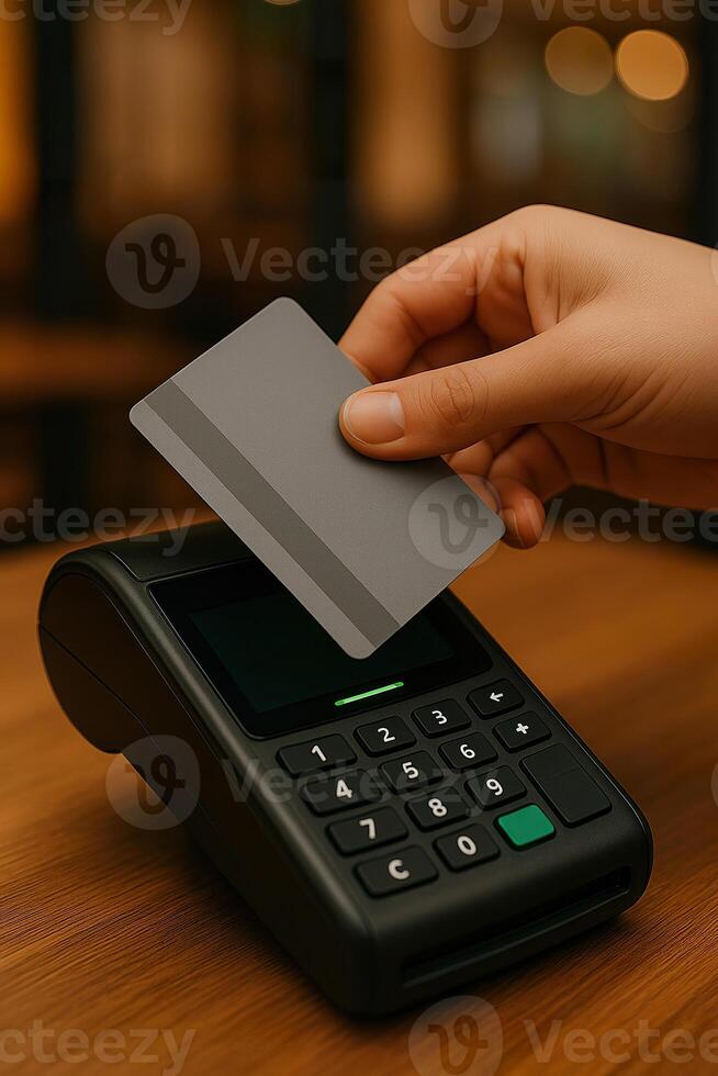 Minimalist Credit Card Payment on Warm Wooden Counter with Soft Lighting photo